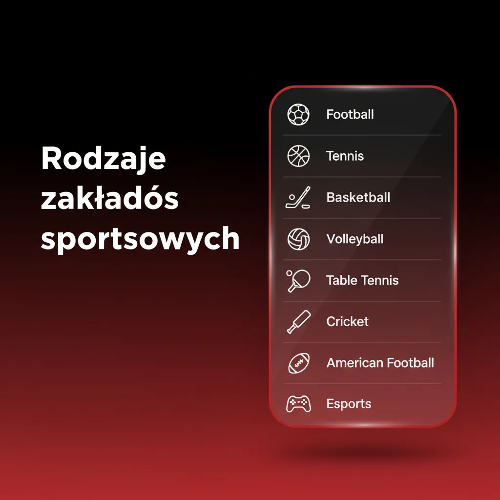 Infografika: rodzaje zakładów – prematch, live, statystyki, długoterminowe; piłka, żużel, siatkówka, tenis, koszykówka.