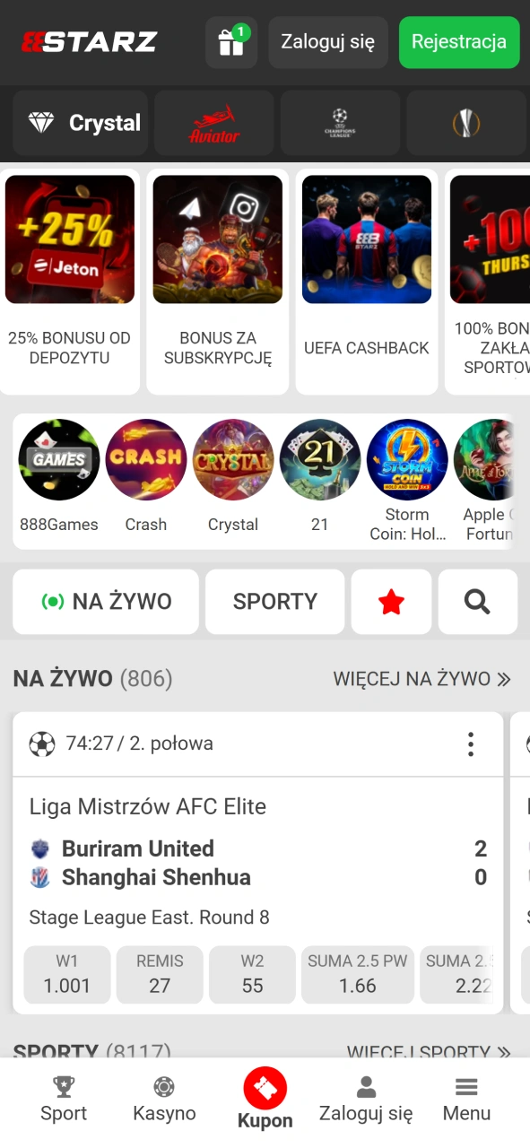 Otwórz menu główne aplikacji na oficjalnej stronie 888starz już teraz.