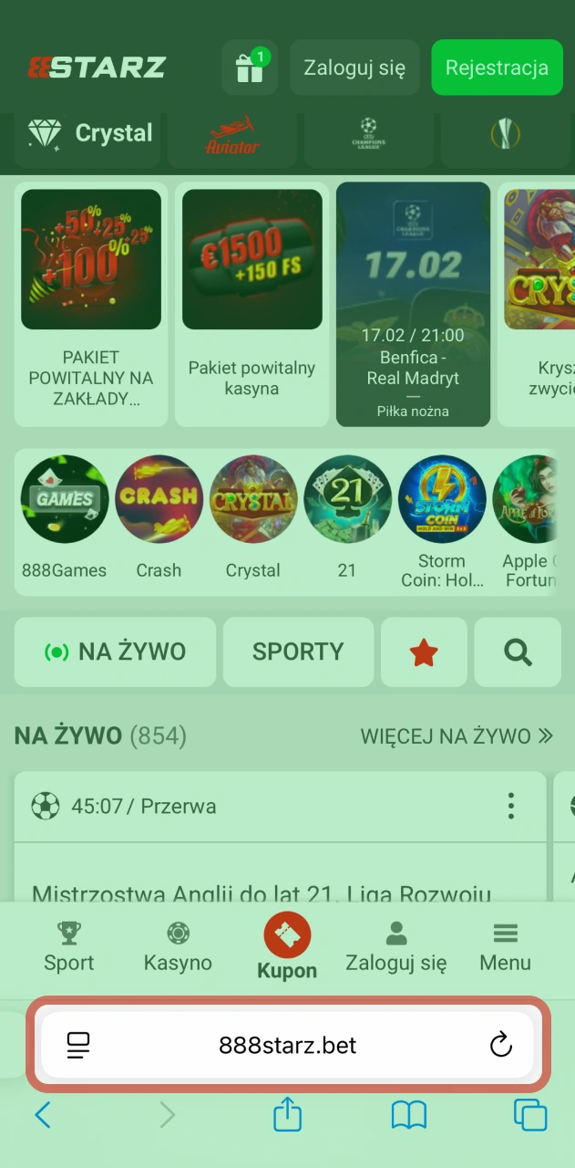 Wejdź na wersję mobilną na oficjalnej stronie 888starz w przeglądarce.