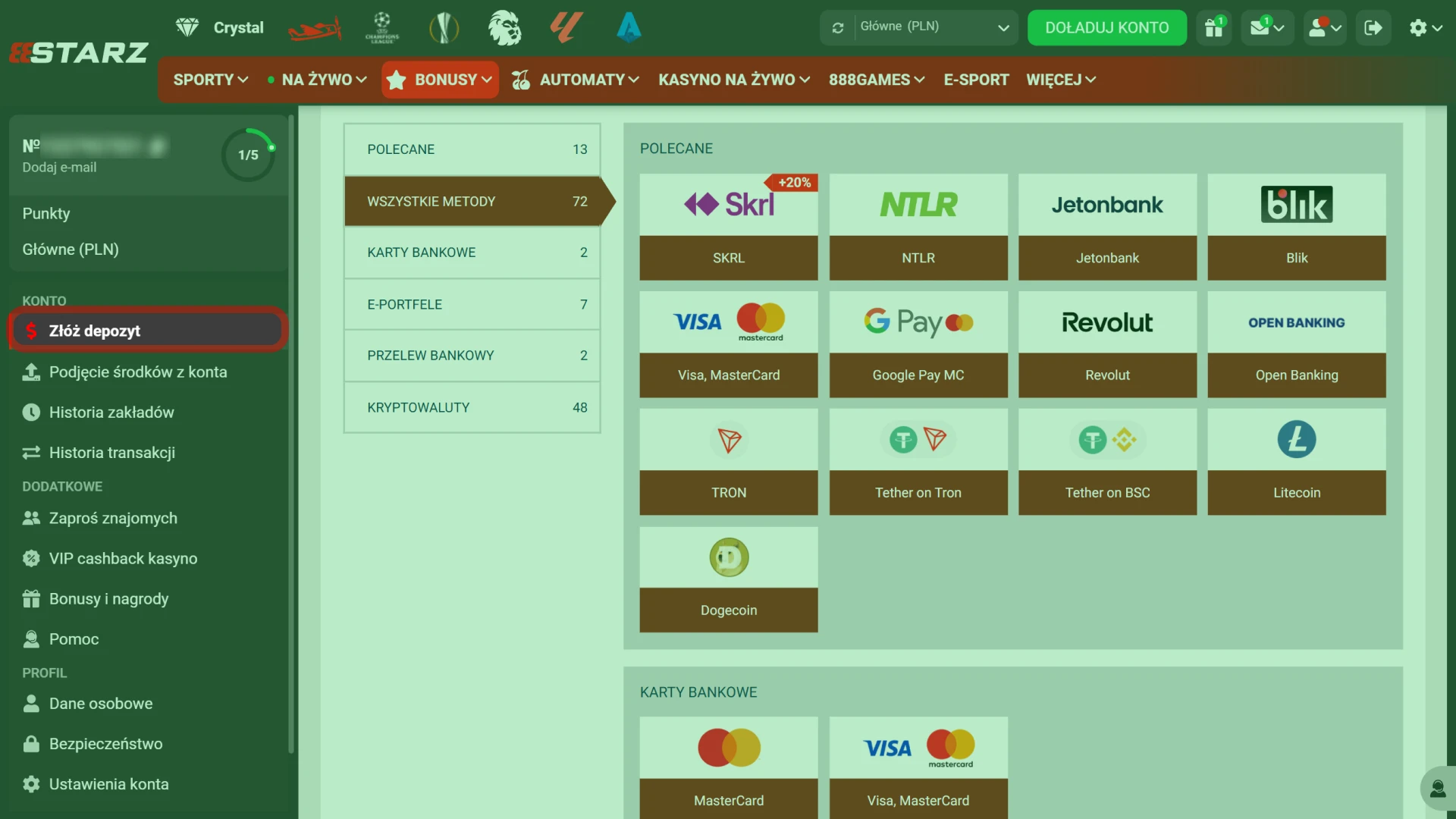 Otwórz sekcję wpłat na oficjalnej stronie 888starz w swoim panelu.