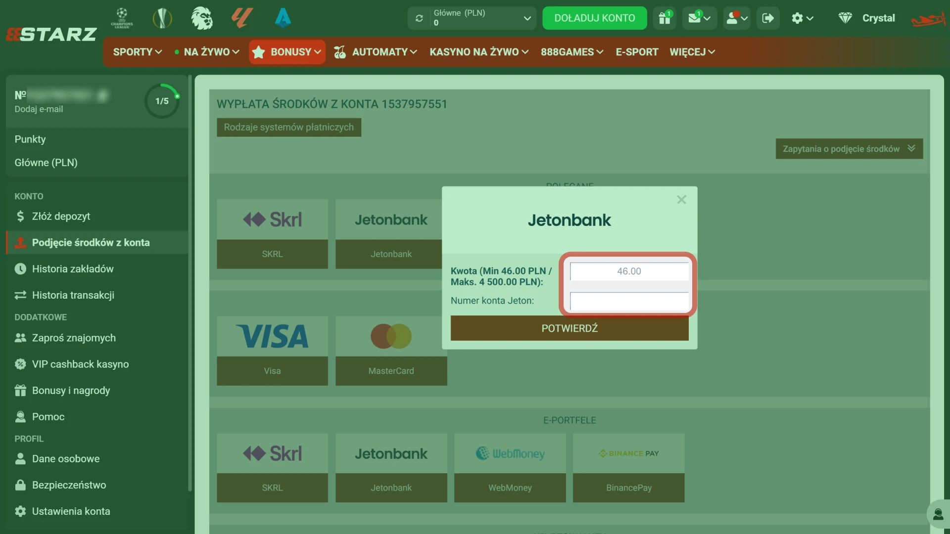 Podaj kwotę do wypłaty na oficjalnej stronie 888starz bardzo łatwo.